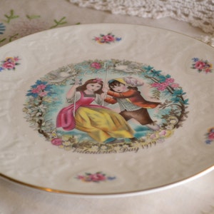 Royal Doulton Valentines plate 8.5 inch plate 1979Romantic scene with embossed border in off white china hearts and roses image 4