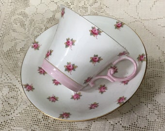 Vintage Aynsley tea duo with mini pink roses on scallop teacup and cup and saucer,  bone china teacup, English china, tea party