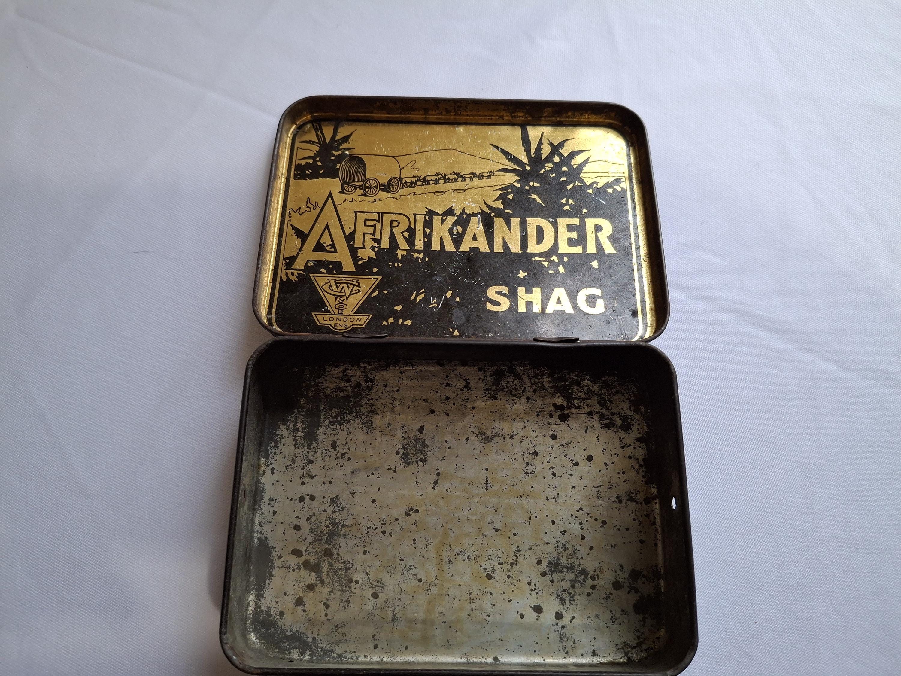 afrikander tobacco tin Antique Afrikander Shag Tobacco Tin: Hinged Graphic Tin, 1930s