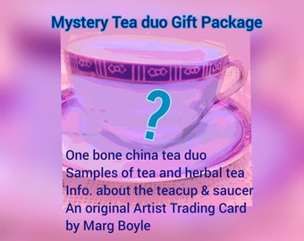 Mystery teacup and saucer gift package features an English fine bone china mystery teaduo , some samples of teas ( herbal teas!), an ATC
