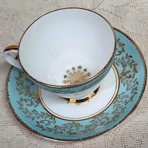 Vintage Grafton tea duo, Light Turquoise and silvery gold Teacup and Saucer, elegant china, Fine bone china, English china teacup and saucer