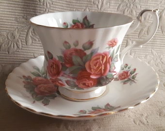 Royal Albert "Centennial Rose" teacup and saucer - 1967 - Canadian - antique teacup -rose china - bone china - Montrose shape - orange pink