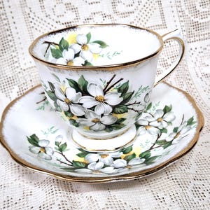 Vintage Royal Albert White Dogwood tea duo, 1940s china, Avon shaped teacup, vintage tea duo, British Columbia provincial flower