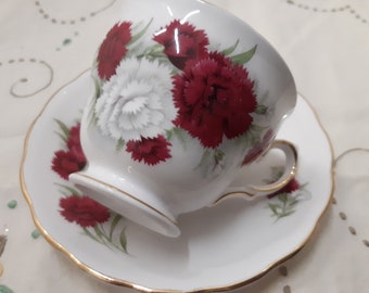 Royal Vale teacup - red floral tea cup and saucer - vintage china - tea set - tea party - carnations - dark red  and white flower - tea duo