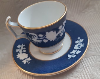 Copeland Spode blue and white -demitasse tea duo - gorgeous embossed antique tea cup and saucer - coffee cup size - hot chocolate cup