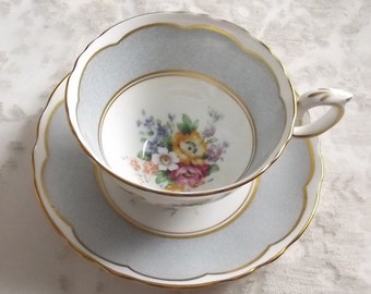 Rare Crown Straffordshire Tea cup  -  grey scalloped textured bands with white and gold border with floral bouquet in center - wedding gift