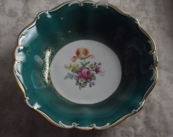 Menau porcelain bowl from Germany - rich green with floral bouquet and gold edge -  wedding decor - bridal tea - Christmas gift