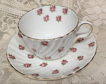 Vintage Aynsley miniature pink roses  duo - pink roses on scallop teacup and cup and saucer,  bone china teacup, English china, tea party