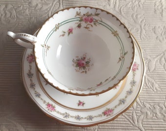 Coalport DISCOUNTED floral teacup and saucer - vintage tea cup and saucer - elegant wedding, tea party,  rose teacup, pink rose, green lines