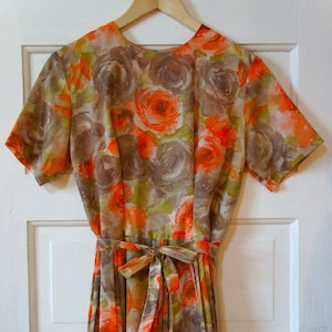 1950s floral print dress tie belt pleated skirt size medium