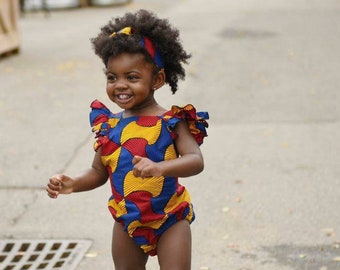 Wura Ankara Print Baby Girl Romper - Kids Ankara Clothing - African Clothing for Girls - Ankara Print - Kids African Clothes