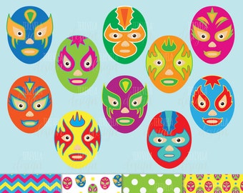 Imágenes prediseñadas de lucha libre, imágenes prediseñadas de máscara mexicana, uso comercial, imágenes prediseñadas de lucha libre, imágenes prediseñadas de MÉXICO, conjunto de papel, gráficos de máscaras