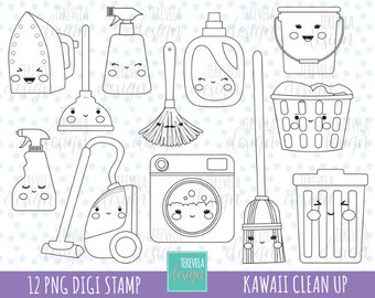 50 Sale CLEANING Digi Stamp Commercial Use KAWAII DIGI Laundry Clean Up Graphics Cute Icons Bucket Digital Stamps