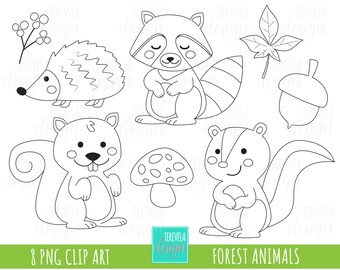 50 SALE Forest Animalis Stamp Digi Commercial Use Fall Clipart Woodland Stamps Autumn Coloring Page Cute Animals
