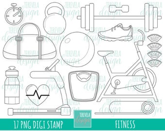 50 Sale FITNESS Digital Stamps Excercise Digi Commercial Use Coloring Page Scale Run Yoga Gym Black Line