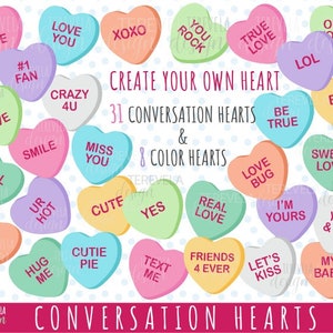 CONVERSATION HEARTS clipart, candy hearts, commercial use, valentine's  clipart, heart candies, valentines, cute hearts, DIY candy heart