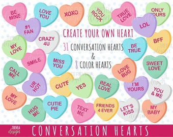 CONVERSATION HEARTS clipart, candy hearts, commercial use, valentine&#39;s clipart, heart candies,  valentines, cute hearts, DIY candy heart
