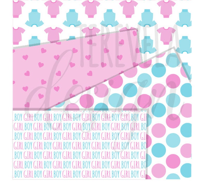 May include: A digital paper pack with three different patterns. The first pattern is pink with white hearts. The second pattern is white with pink and blue polka dots. The third pattern is white with alternating rows of the words "BOY" and "GIRL" in pink and blue.