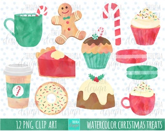 WATERCOLOR noël traite clipart, clipart de Noël, utilisation commerciale, graphiques de Noël, téléchargement instantané, desserts clipart, tarte, gâteau