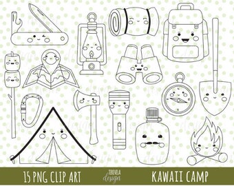 CAMP digital stamp, Commercial use, digital stamp, camp clipart, kawaii clipart, lantern, map, fire, tend, scouts, kawaii tent, camp items