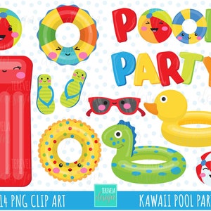 kawaii pool party clipart, summer clipart, commercial use, pool graphics, pool toys clipart, instant download, party, inflatables, ball