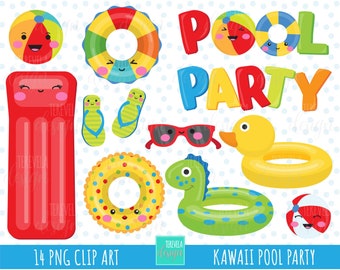 kawaii pool party clipart, summer clipart, commercial use, pool graphics, pool toys clipart, instant download, party, inflatables, ball