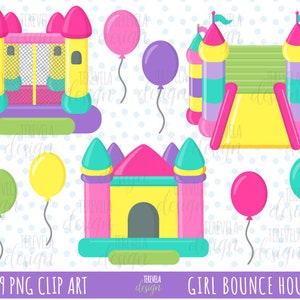 BOUNCE HOUSE clipart, clipart imprezy dla dziewczyn, clipart różowy zamek do skakania, wykorzystanie komercyjne, balony, obrazy imprez, dziewczyna do skakania, domek do skakania