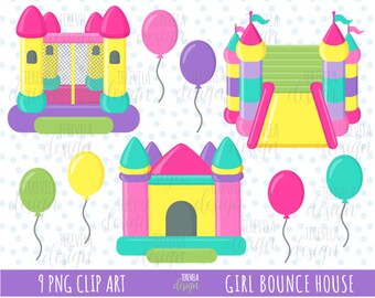 BOUNCE HOUSE clipart, girl party clipart, pink bounce castle clipart, commercial use, balloons, party images, girl bounce, jumping house