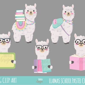Op de afbeelding: Vijf digitale illustraties van lama's in pastelkleuren. Elke lama draagt een bril en houdt of draagt schoolbenodigdheden. De lama's dragen rugzakken, houden boeken vast en houden een bord vast met de tekst "TEREVELA design".