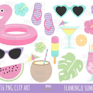 May include: A set of 16 digital clip art images featuring a flamingo, watermelon, sunglasses, a tropical drink, a popsicle, a coconut, a leaf, and a flower. The images are in a bright, summery color palette.