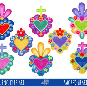 Clipart SACRED HEARTS, clip art MÉXICO, uso comercial, folk mexicano, artesanato mexicano, coração mexicano, milagros, católico, cruz, corações