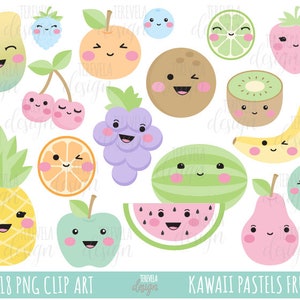 kawaii FRUIT clipart, pastel colors fruits, commercial use, cute clipart, kawaii clipart,  cute fruits, strawberry, apple, pear