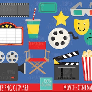 MOVIE clipart, cinema graphics, film clipart, commercial use, film graphics, theather clipart, movie clipart, movie graphics, cute, pop corn