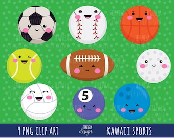 CLIpart deportivo, clipart de pelotas deportivas, clipart kawaii, uso comercial, gráficos lindos, deportes kawaii, fútbol, fútbol, béisbol / golf
