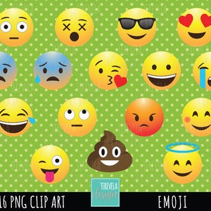 May include: Sixteen emoji clip art images on a green polka dot background. The emoji include various expressions such as smiling, crying, winking, and wearing sunglasses. The text "16 PNG CLIP ART" and "EMOJI" are also included.