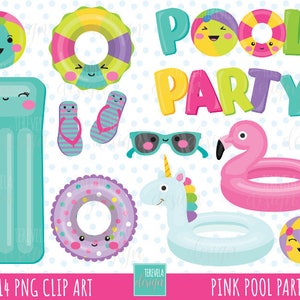 CLIPART POOL PART, clipart de fête de piscine pour fille, clipart d’été, clipart kawaii, utilisation commerciale, graphique de piscine, clipart de fête, fille, flamant rose