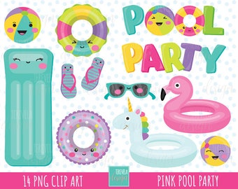 POOL PART clipart, girl pool party clipart, summer clipart, kawaii clipart, commercial use, pool graphic, party clipart, girl, flamingo