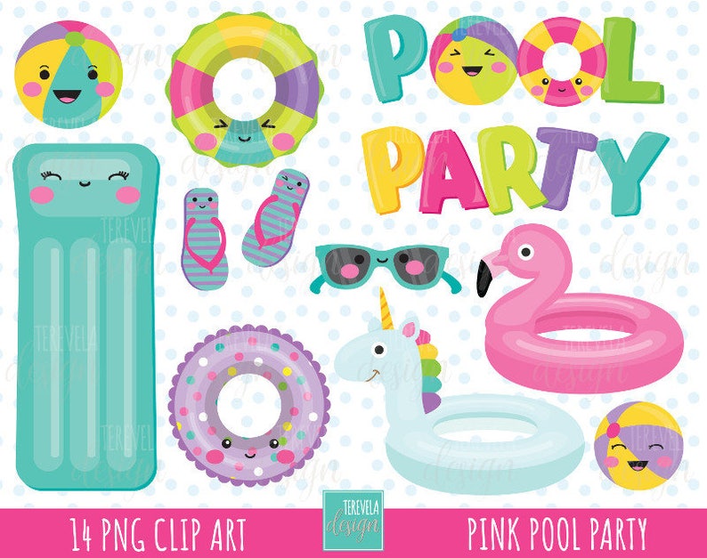 POOL PART clipart, girl pool party clipart, summer clipart, kawaii clipart, commercial use, pool graphic, party clipart, girl, flamingo image 1