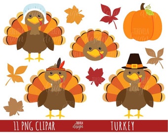 Könnte beinhalten: Ein Set mit 11 Clipart-Bildern von Thanksgiving-Truthähnen. Die Truthähne sind in verschiedenen Stilen illustriert, darunter ein Pilgerhut, ein Indianerkopfschmuck und ein einfacher Truthahn. Das Set enthält auch einen Kürbis und Herbstblätter.
