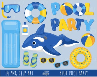 POOL PARTY clipart, boy pool party clipart, summer clipart, commercial use, orca inflatable, blue pool party, party clipart, blue inflatable