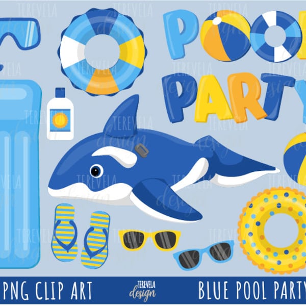 POOL PARTY clipart, boy pool party clipart, summer clipart, commercial use, orca inflatable, blue pool party, party clipart, blue inflatable