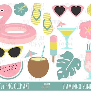 FLAMINGO SUMMER clipart, pool party clipart,  girl pool party clipart, summer clipart, commercial use, tropical, cocktails, flamingo, cute