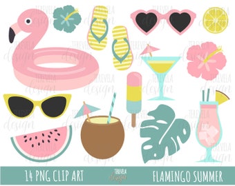 FLAMINGO SUMMER clipart, pool party clipart,  girl pool party clipart, summer clipart, commercial use, tropical, cocktails, flamingo, cute