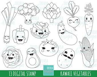 VEGETABLES Stempel, kommerzielle Nutzung, Kawaii Stempel, Digi-Stempel, Gemüse, digitales Bild, Malseite, druckbare Grafiken, Kartoffel, Tomate, Mais