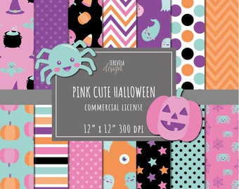 May include: Pink and teal Halloween digital paper pack with 12 different patterns.  Includes pumpkins, ghosts, spiders, bats, candy corn, stars, polka dots, stripes, and chevron patterns.  12" x 12" 300 DPI.  Pink Cute Halloween Commercial License.