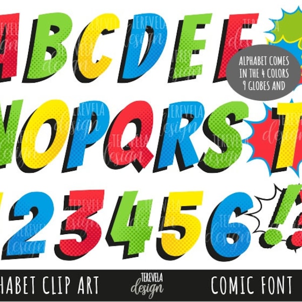 COMIC FONTS Clipart, super heroes Alphabet Clipart, pop font, text speech bubbles super hero font, comic style letters, pop alphabet, comic