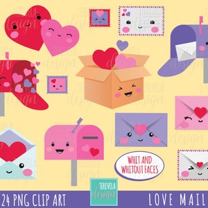 K&ouml;nnte beinhalten: Ein Set mit 24 digitalen Clipart-Bildern mit Briefk&auml;sten, Umschl&auml;gen und Herzen mit niedlichen Gesichtern. Die Bilder sind im Cartoon-Stil gehalten und perfekt f&uuml;r Valentinstag-Bastelarbeiten und Projekte. Der Text "Love Mail" und "With and Without Faces" ist im Bild enthalten.