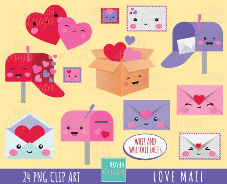K&ouml;nnte beinhalten: Ein Set mit 24 digitalen Clipart-Bildern mit Briefk&auml;sten, Umschl&auml;gen und Herzen mit niedlichen Gesichtern. Die Bilder sind im Cartoon-Stil gehalten und perfekt f&uuml;r Valentinstag-Bastelarbeiten und Projekte. Der Text "Love Mail" und "With and Without Faces" ist im Bild enthalten.