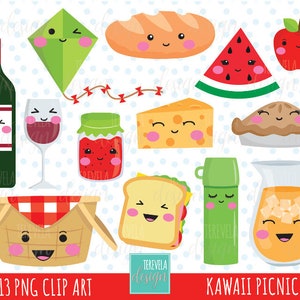 kawaii PICNIC clipart, commercieel gebruik, picknickmand, drankjes, eten, fruit, wijn, brood, taart, jam, vlieger, sandwich, schattig eten, kaas, appel