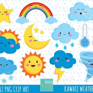 WETTER Clipart, Wetter Symbole, Kommerzielle Nutzung, Kawaii Wetter Grafik, niedlich, Wolke, Sonne, Sturm, Regenbogen, Mond, Schnee, Stern, niedlich, Thermometer